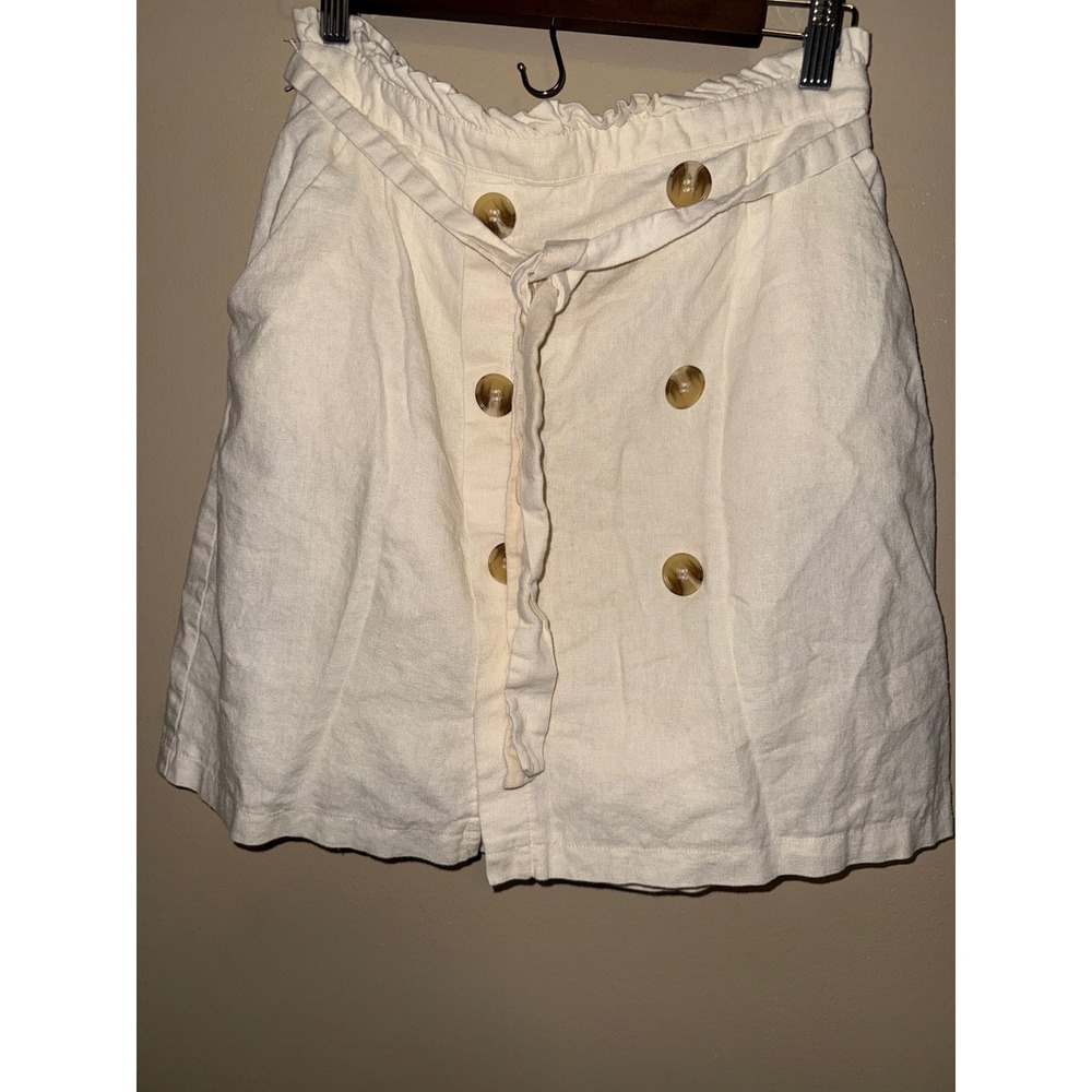Minimalist‎ Cream Linen Blend Paperbag Waist Button Front Mini Skirt sz1 Preppy